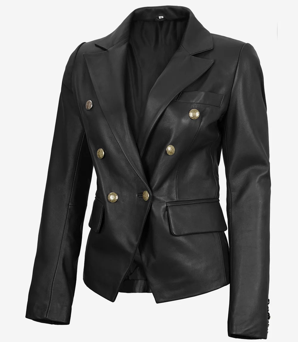 Blazer croisé en cuir noir pour femme Kim
