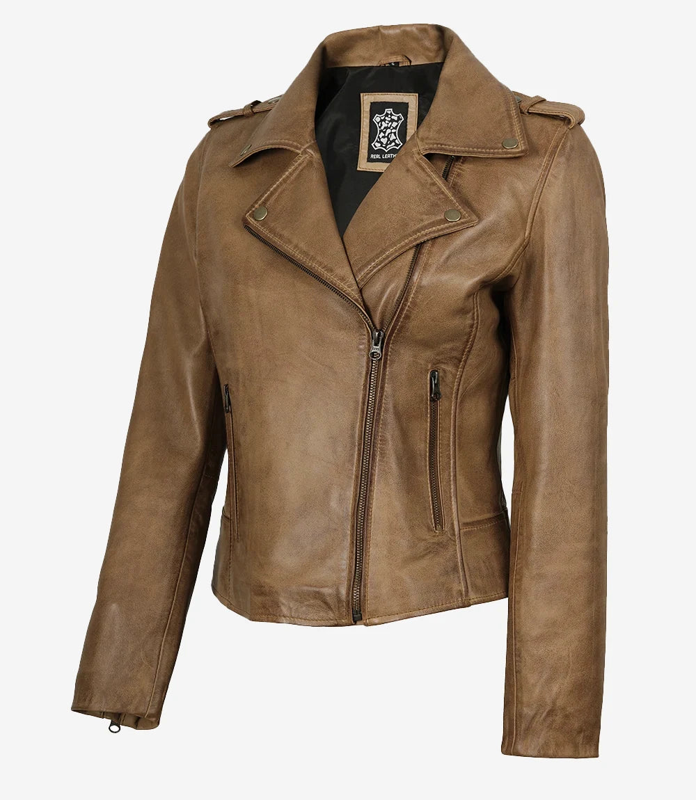 Veste motard en cuir véritable marron camel pour femme