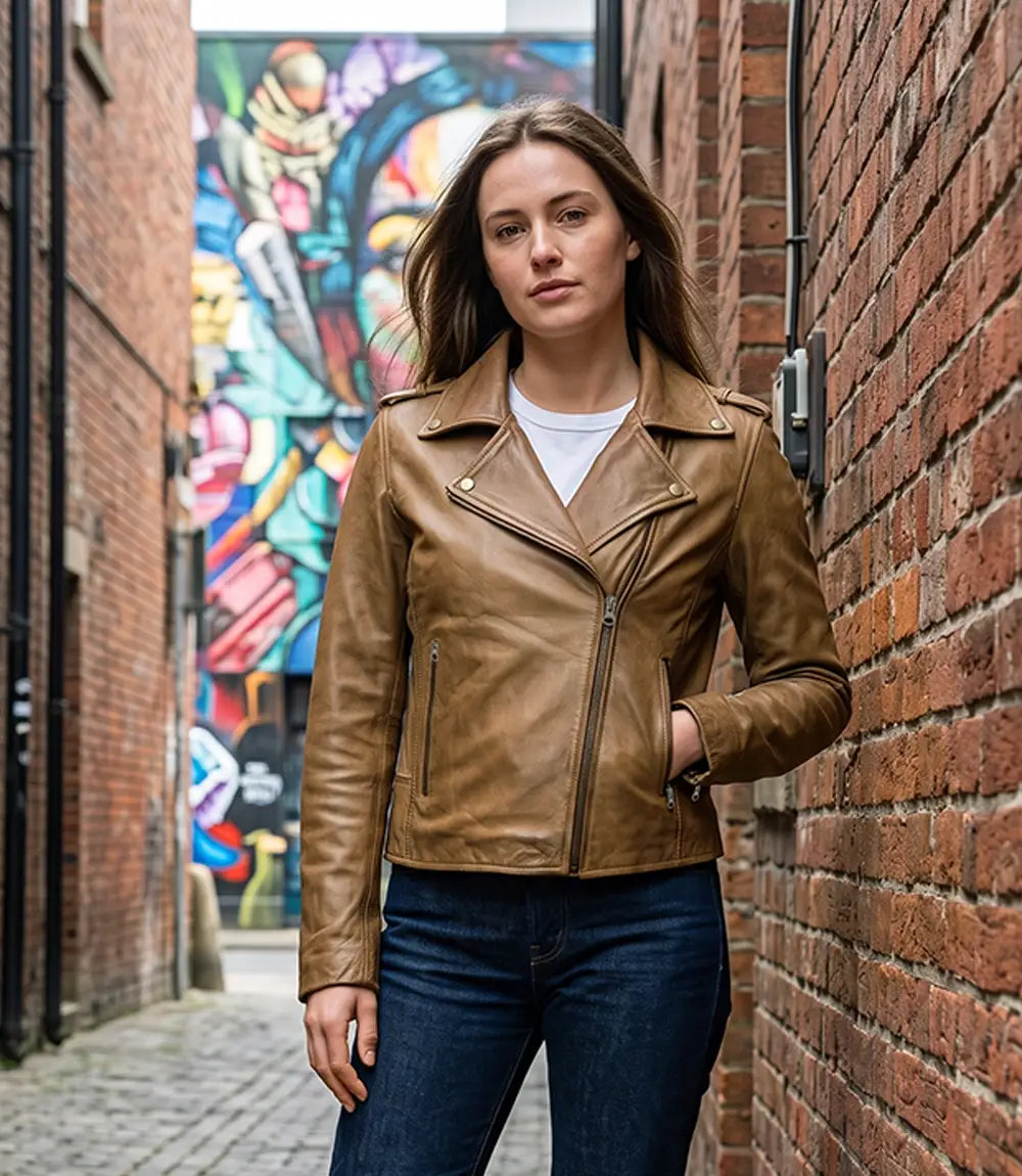 Veste motard en cuir véritable marron camel pour femme