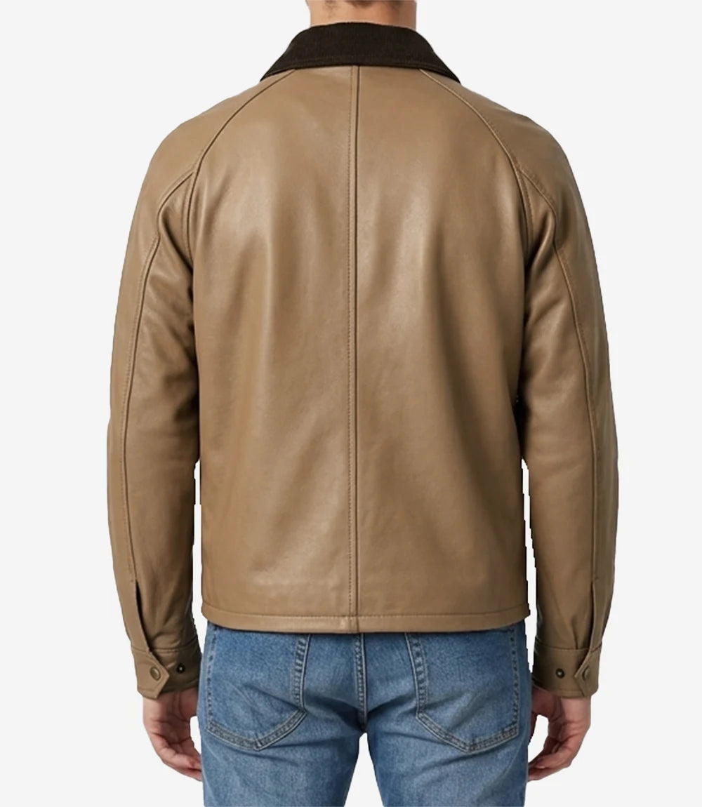 Men's Beige Lambskin Leather Barn Jacket with Raglan Sleeves