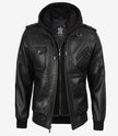 Blouson aviateur en cuir noir pour homme avec capuche amovible