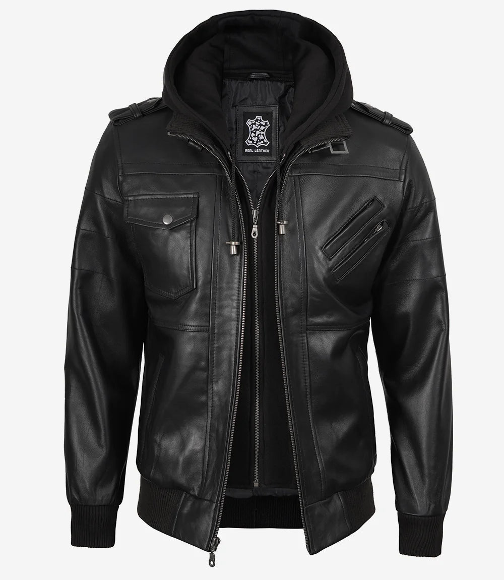 Blouson aviateur en cuir noir pour homme avec capuche amovible