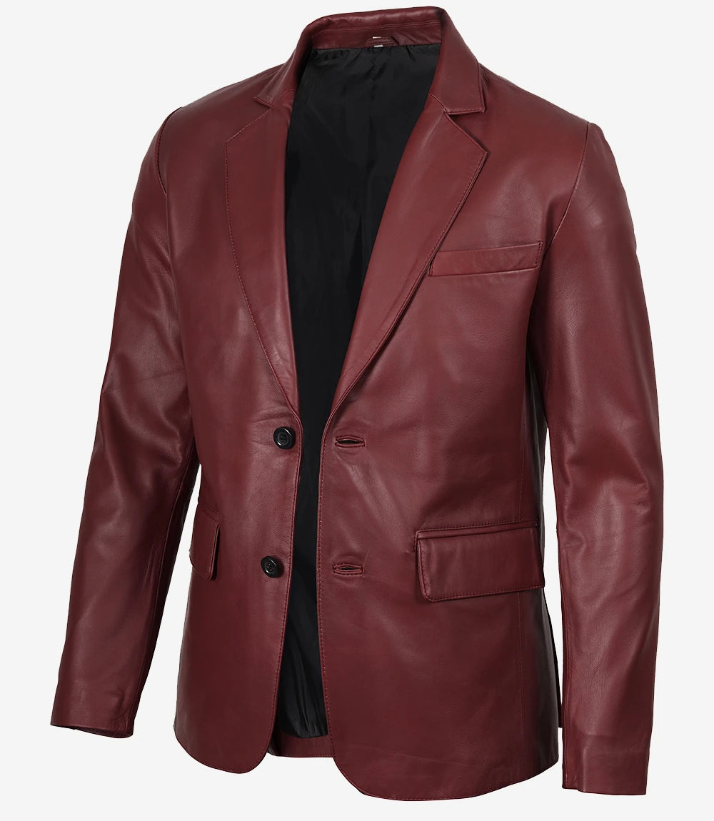 Blazer en cuir marron à revers crantés pour homme – Deux boutons