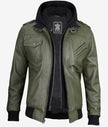 Mens Military Green Bomber Leather Jacket With Hood