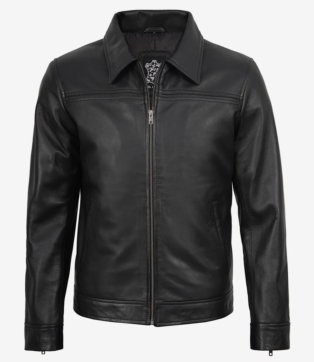Veste à col chemise en cuir noir pour homme Mark