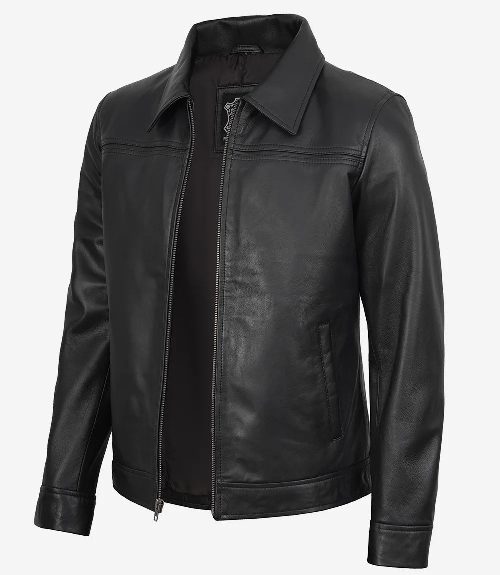 Veste à col chemise en cuir noir pour homme Mark