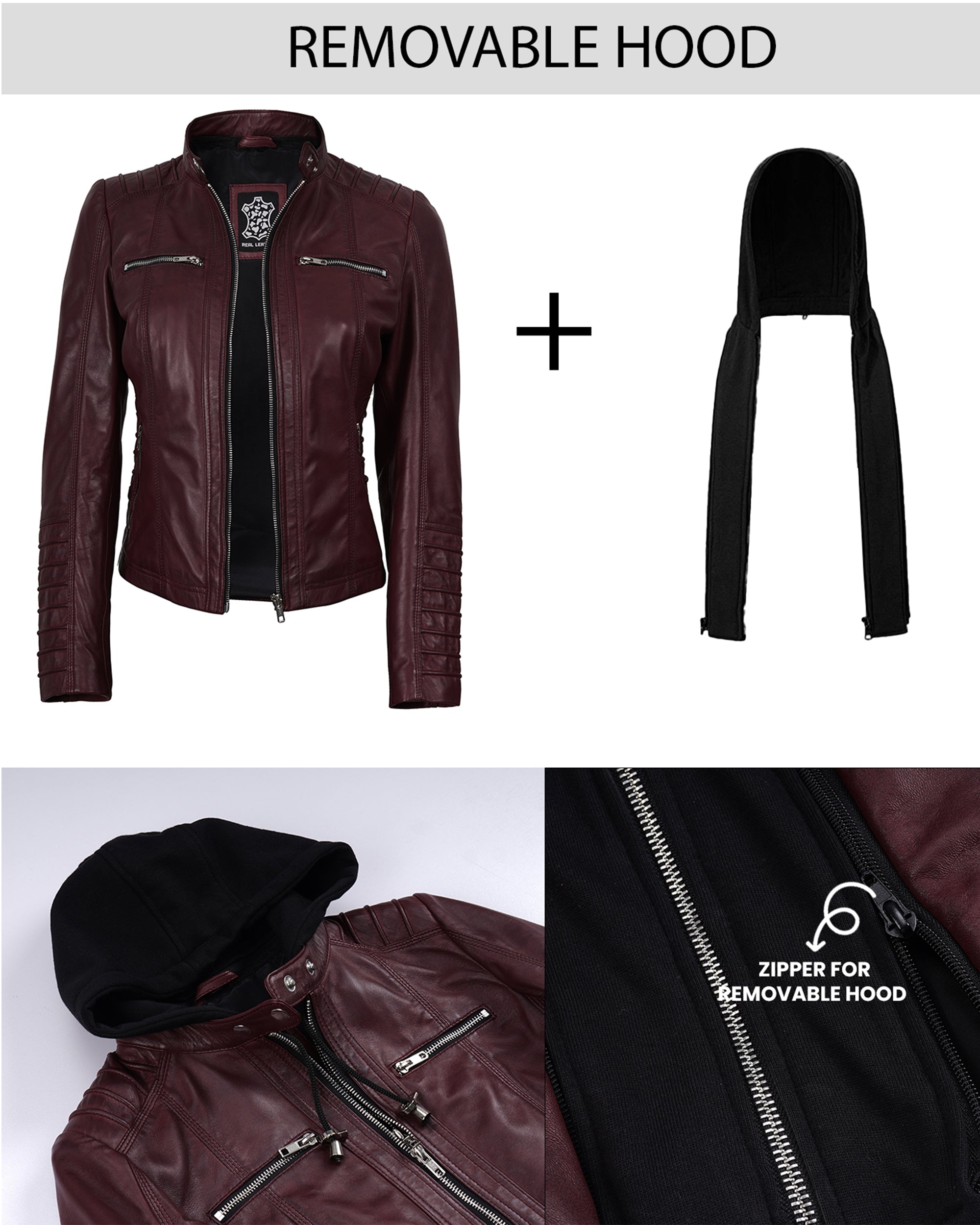 Women's Maroon Waxed Leather Hooded Biker Jacket