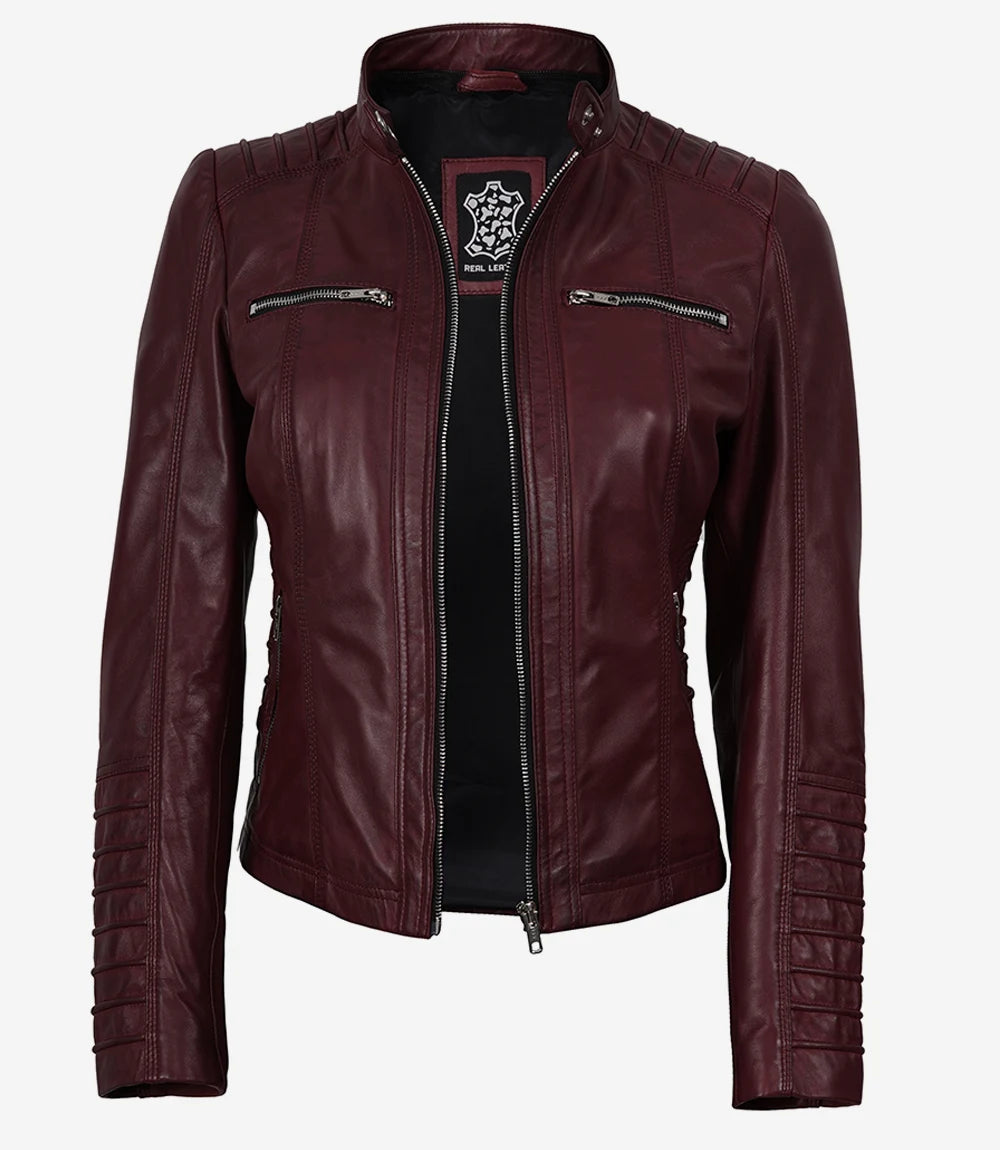 Women's Maroon Waxed Leather Hooded Biker Jacket