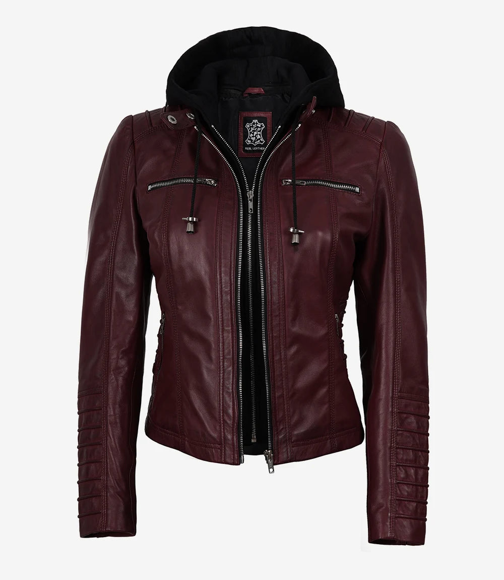 Women's Maroon Waxed Leather Hooded Biker Jacket