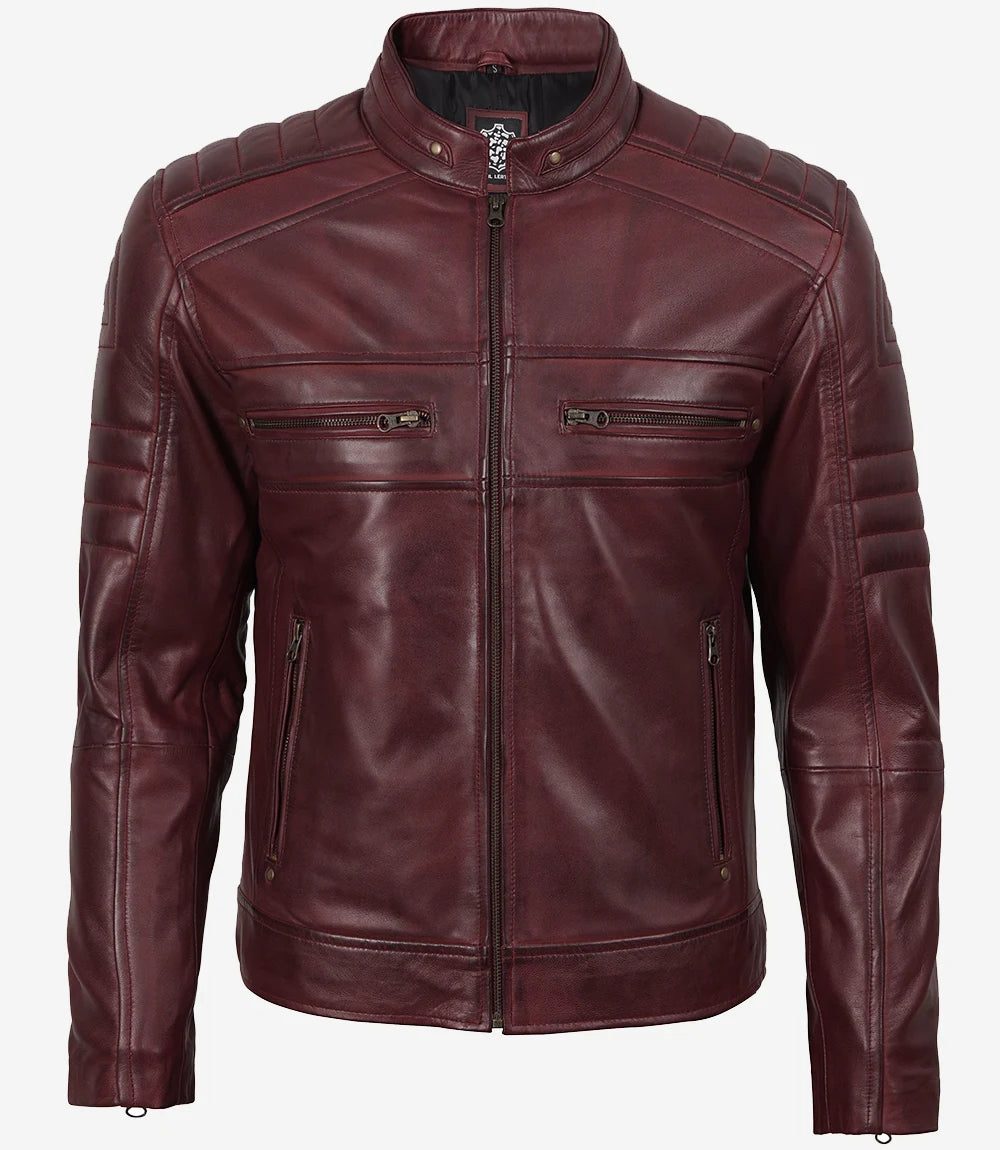 Veste en cuir bordeaux style motard pour homme