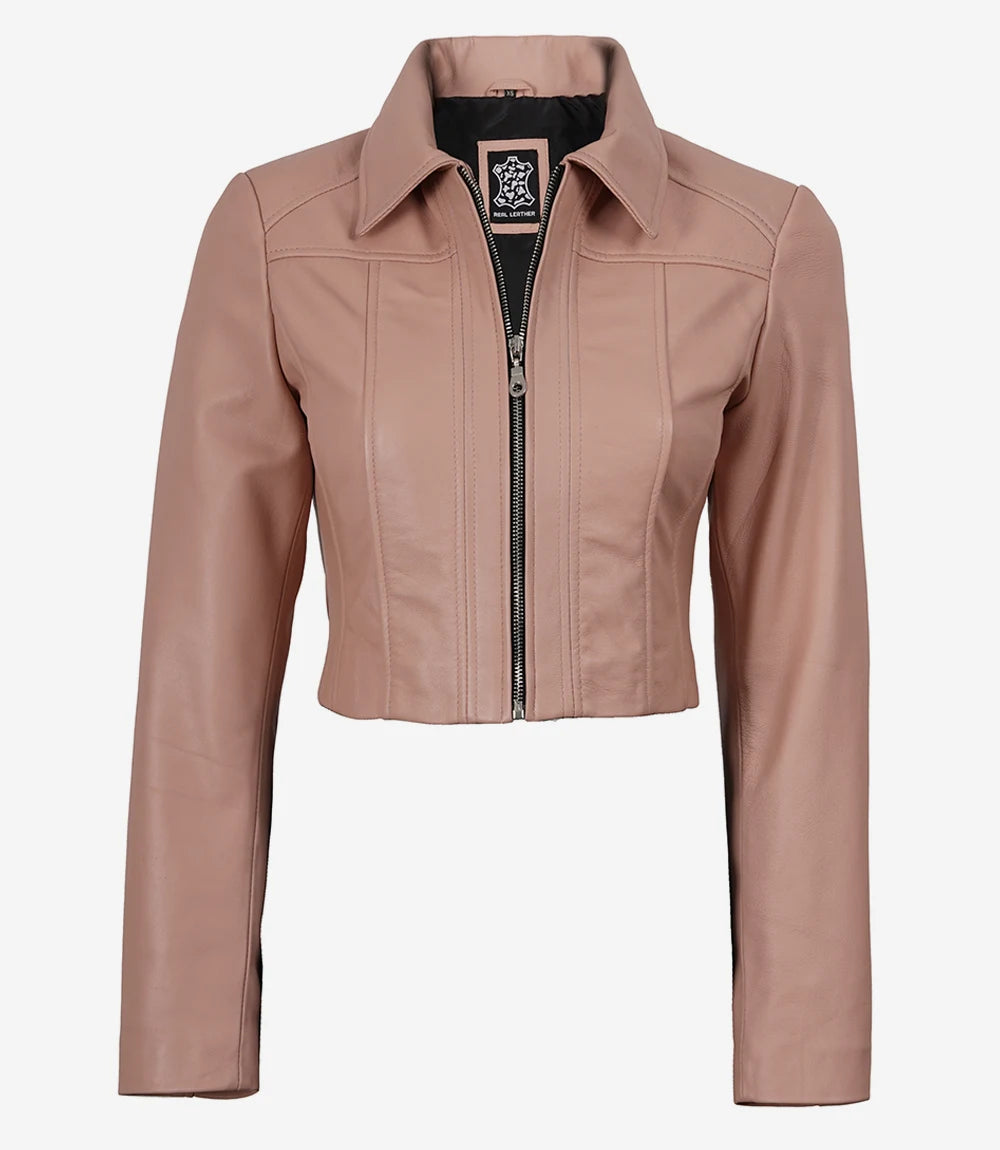 Marsha Women's Cropped Pink Leather Jacket with Shirt Collar