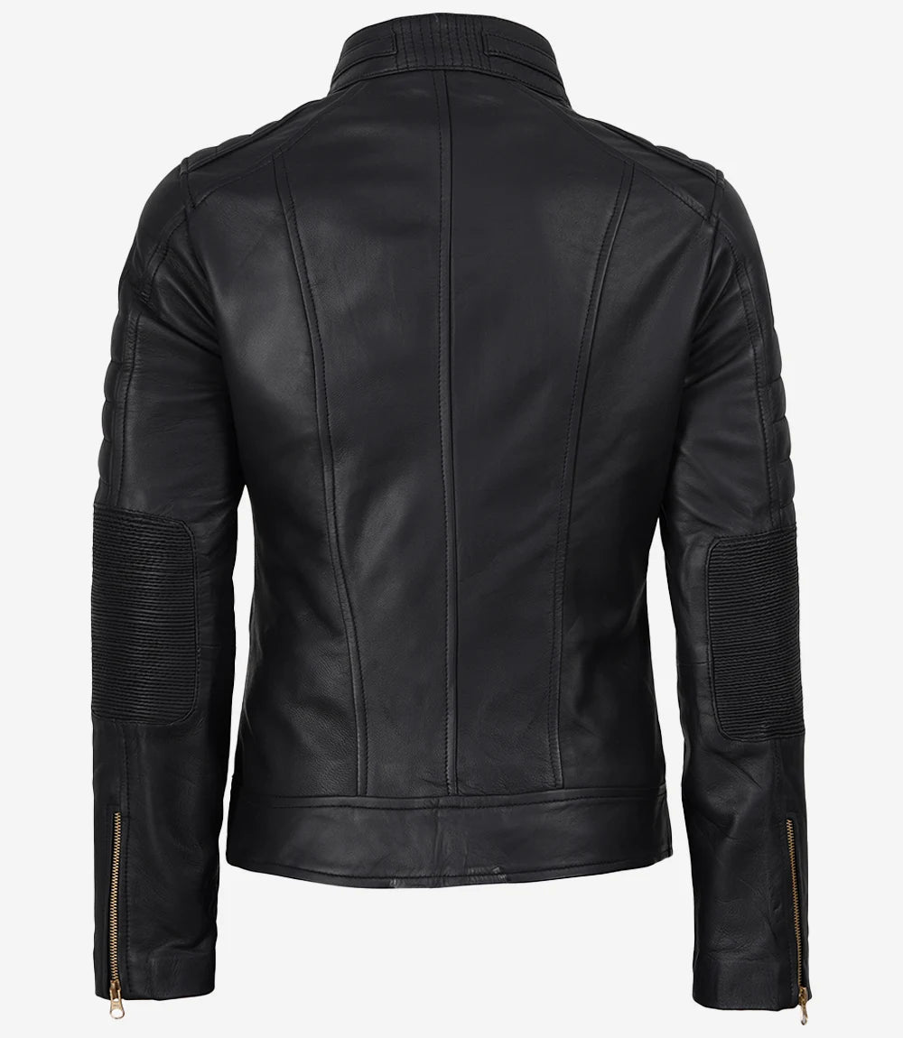 Women's Matte Black Leather Cafe Racer Jacket with Gold Zippers