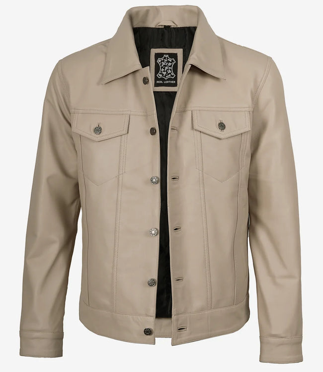 Veste de camionneur beige en cuir d'agneau véritable pour homme