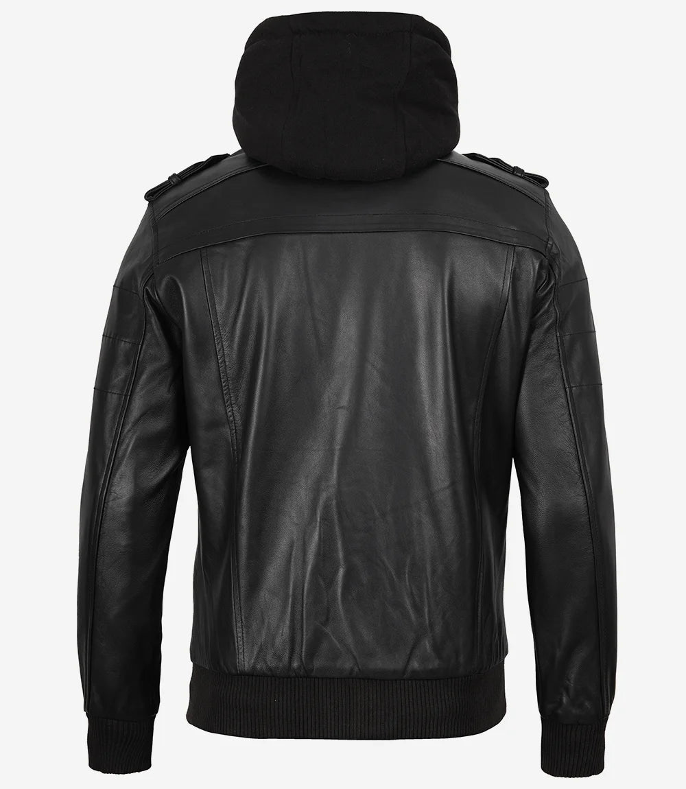 Blouson aviateur en cuir noir pour homme avec capuche amovible