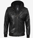 Blouson aviateur en cuir noir pour homme avec capuche amovible