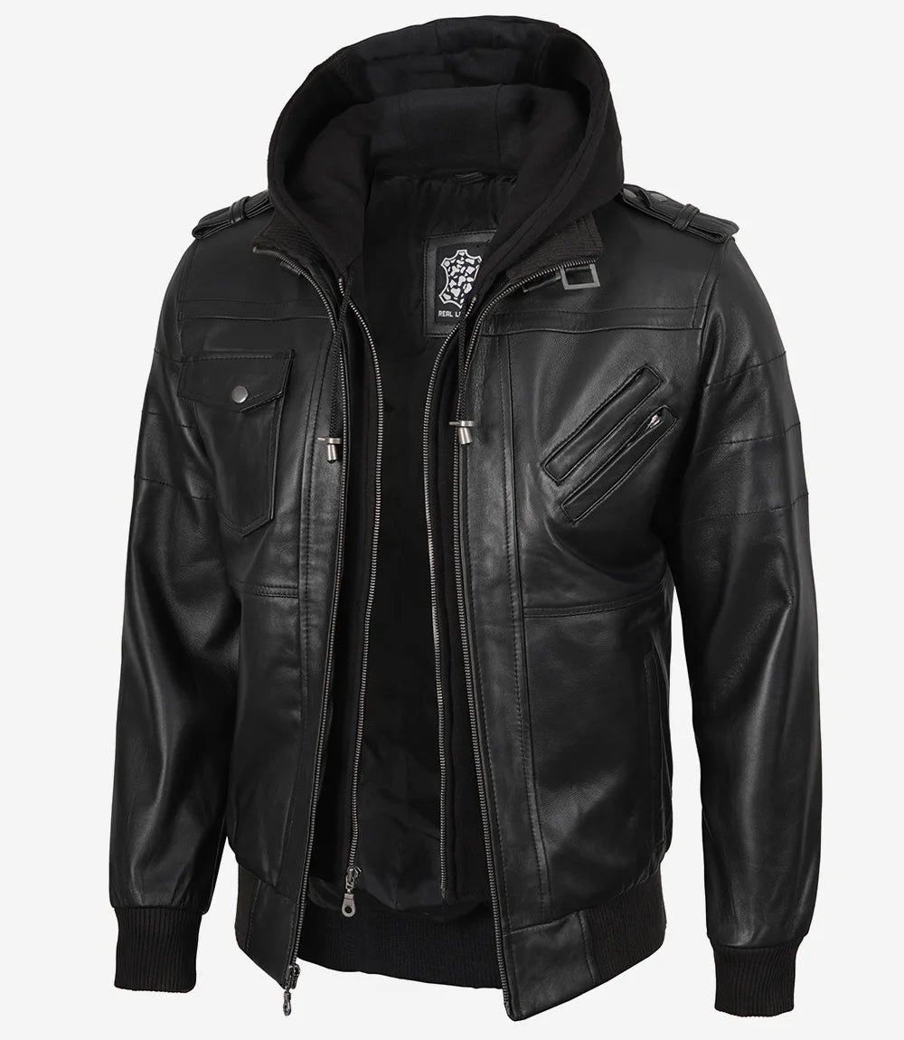 Blouson aviateur en cuir noir pour homme avec capuche amovible