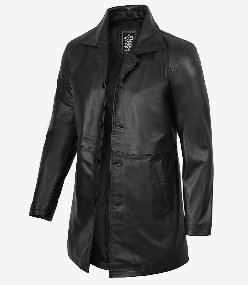 Manteau 3/4 en cuir d'agneau noir pour homme
