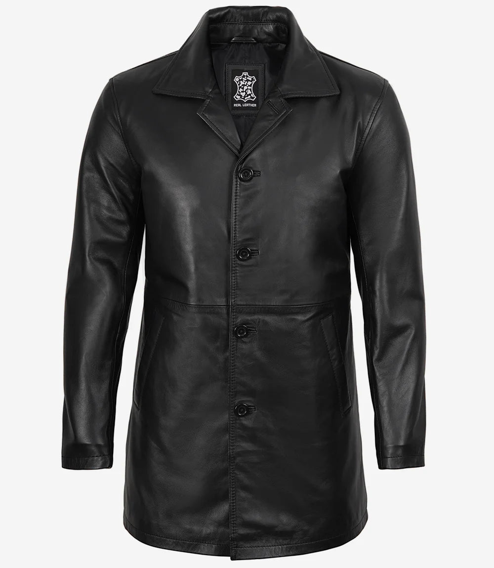 Manteau 3/4 en cuir d'agneau noir pour homme