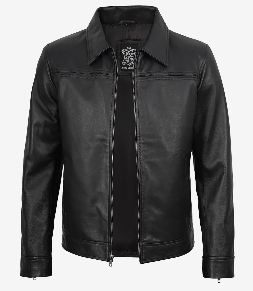Veste à col chemise en cuir noir pour homme Mark