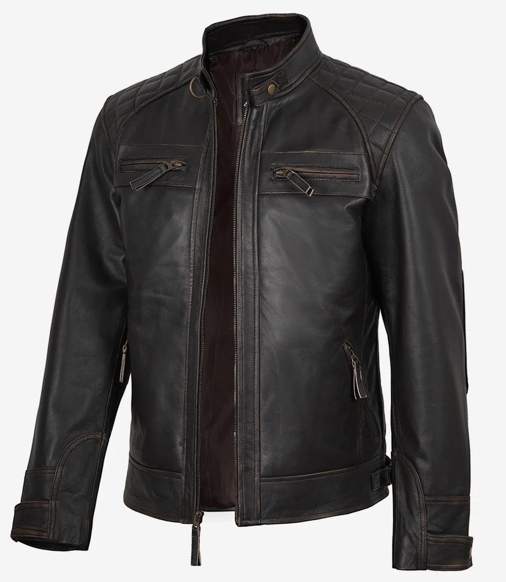 Veste en cuir marron vieilli style motard pour homme - Épaules matelassées