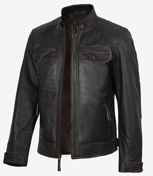 Veste style motard en cuir marron vieilli pour homme - Épaules matelassées