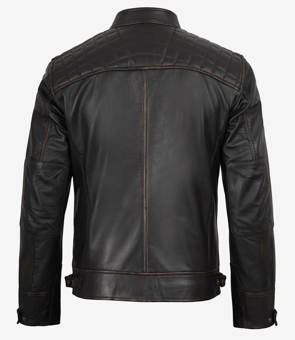 Veste style motard en cuir marron vieilli pour homme - Épaules matelassées