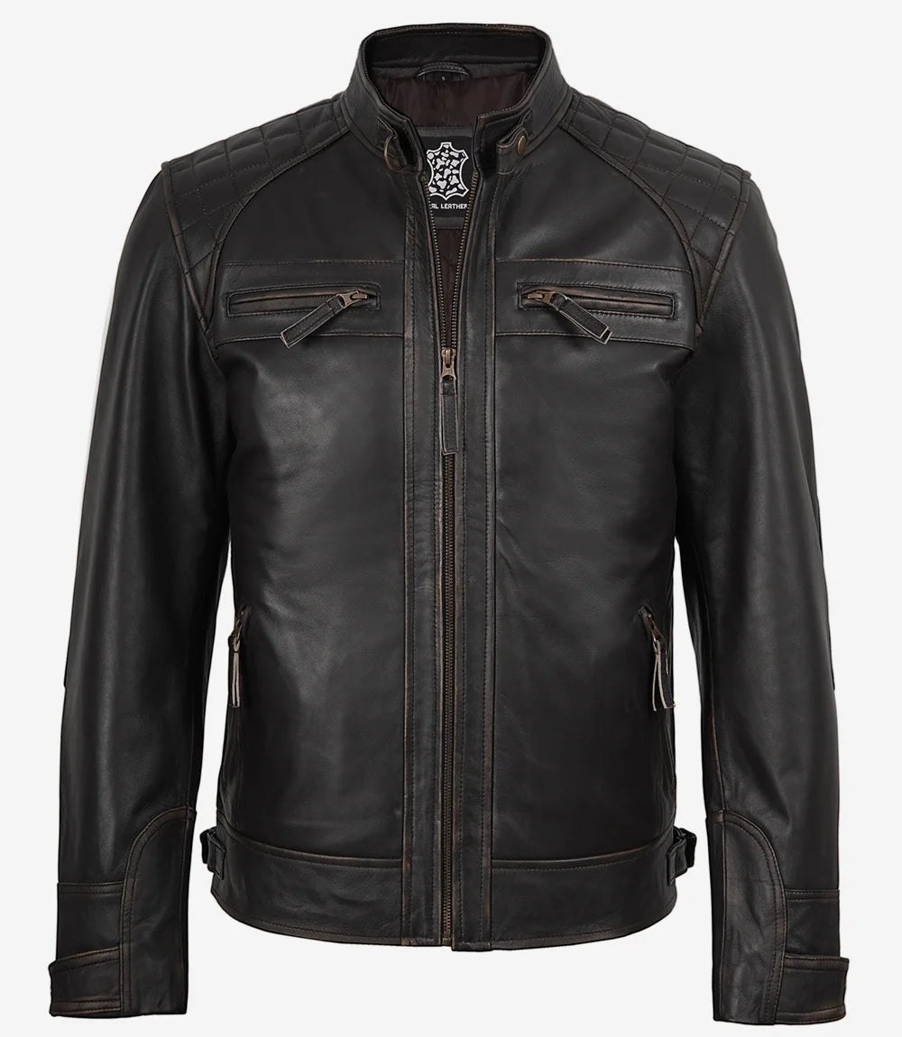 Veste style motard en cuir marron vieilli pour homme - Épaules matelassées