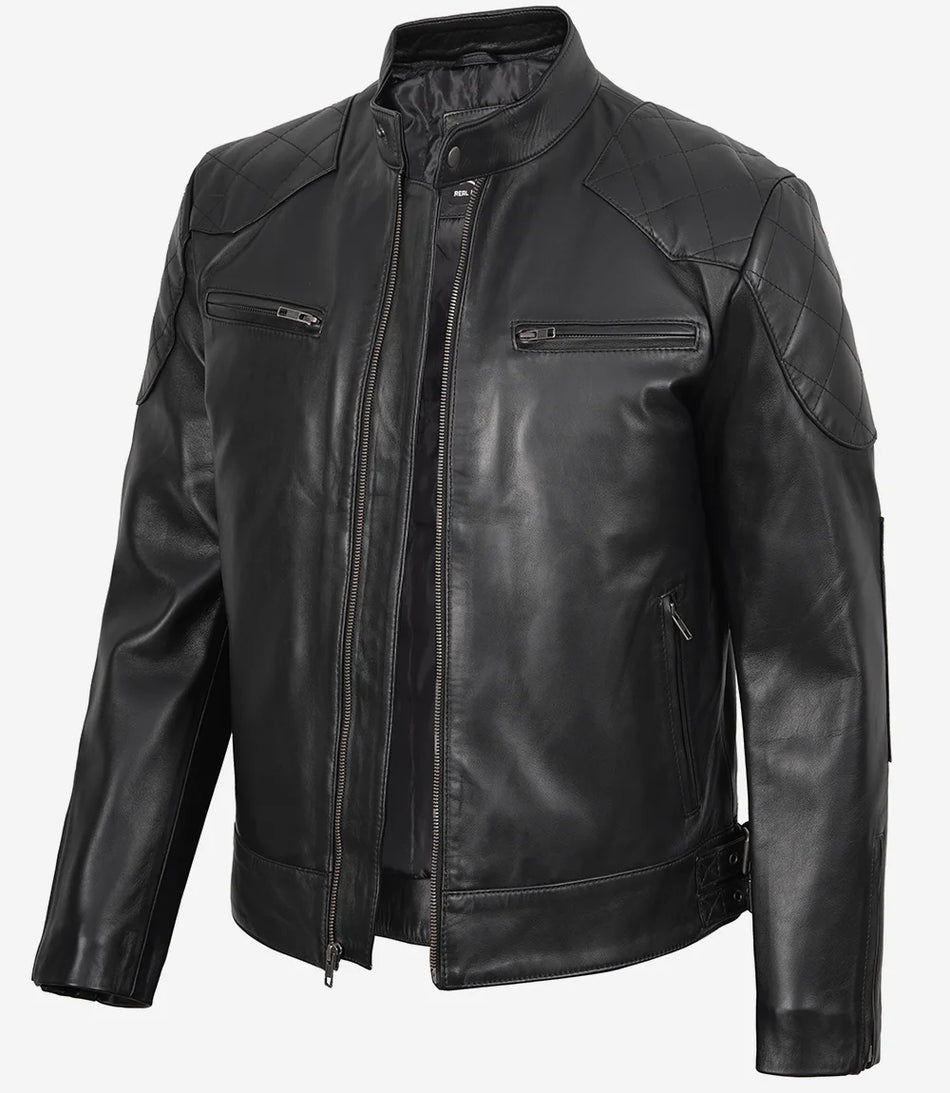 Veste de motard noire en cuir véritable pour homme