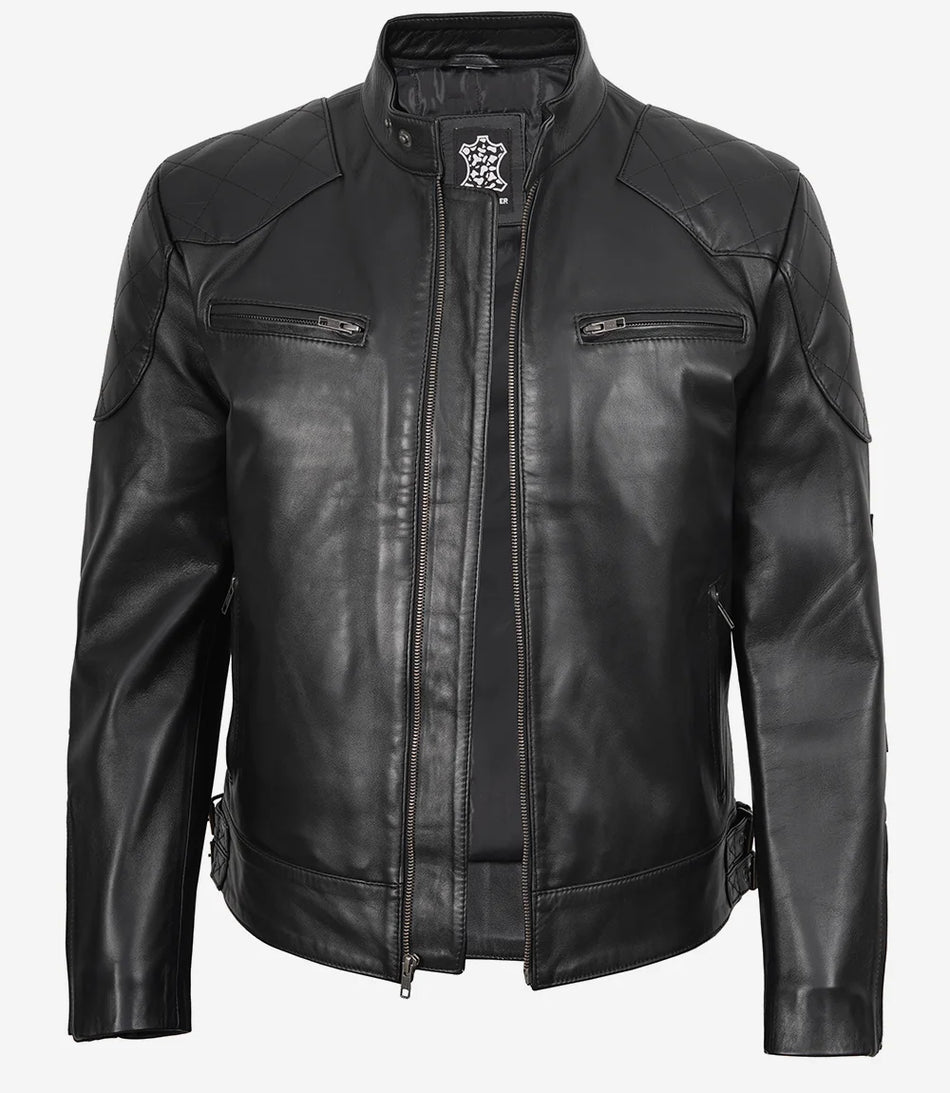 Veste de motard noire en cuir véritable pour homme