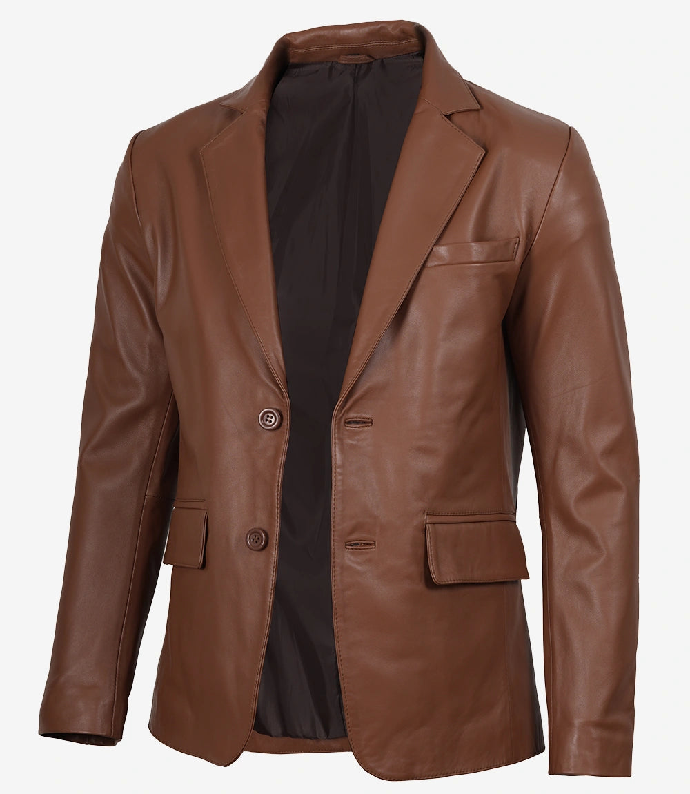 Mens Tall Two Buttons Cognac Leather Blazer