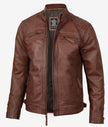 Veste en cuir matelassée style motard marron cognac pour homme