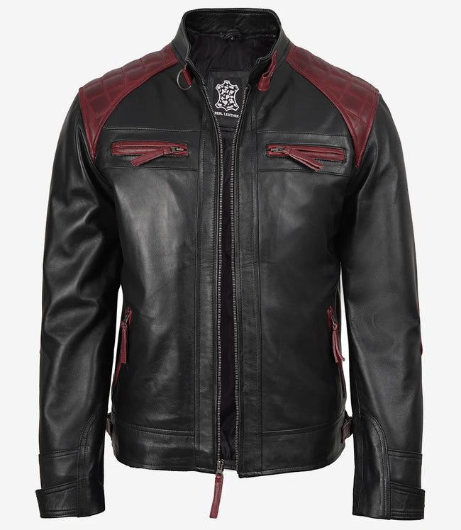 Veste en cuir style motard noir et bordeaux pour homme – Épaules matelassées