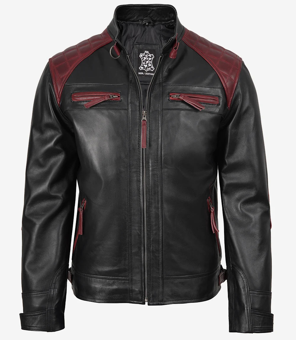 Veste en cuir style motard noir et bordeaux pour homme – Épaules matelassées