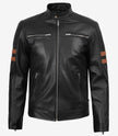 Veste motard en cuir noir pour homme avec bandes beiges sur les bras