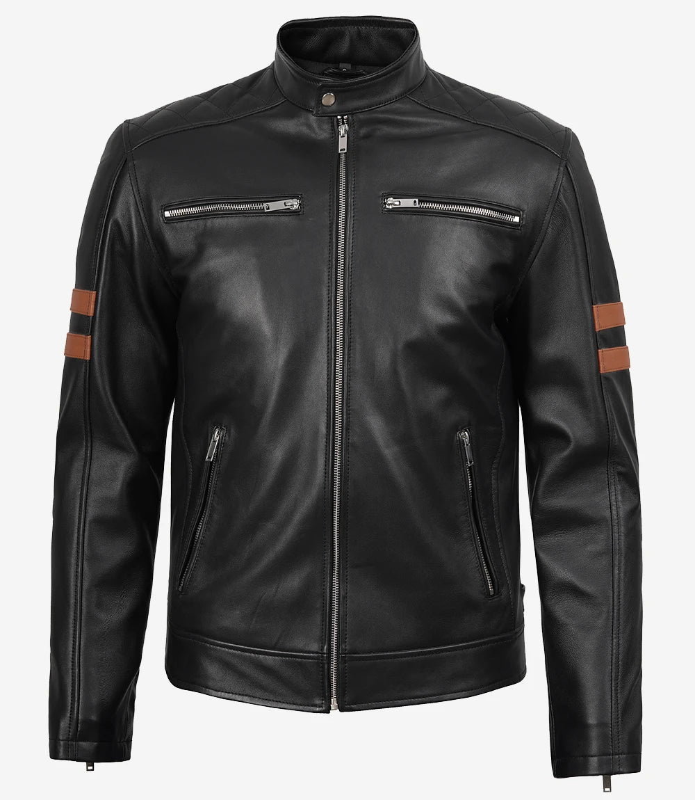 Veste motard en cuir noir pour homme avec bandes beiges sur les bras