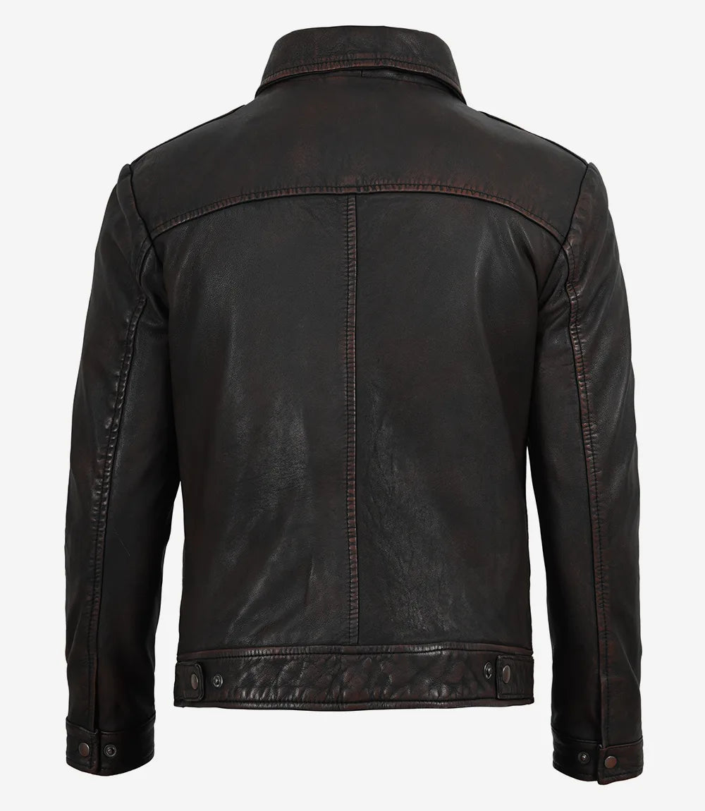 Men's Black Distressed Leather Jacket with Maroon Undertone