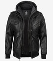 Veste en cuir noir pour homme avec capuche amovible grise
