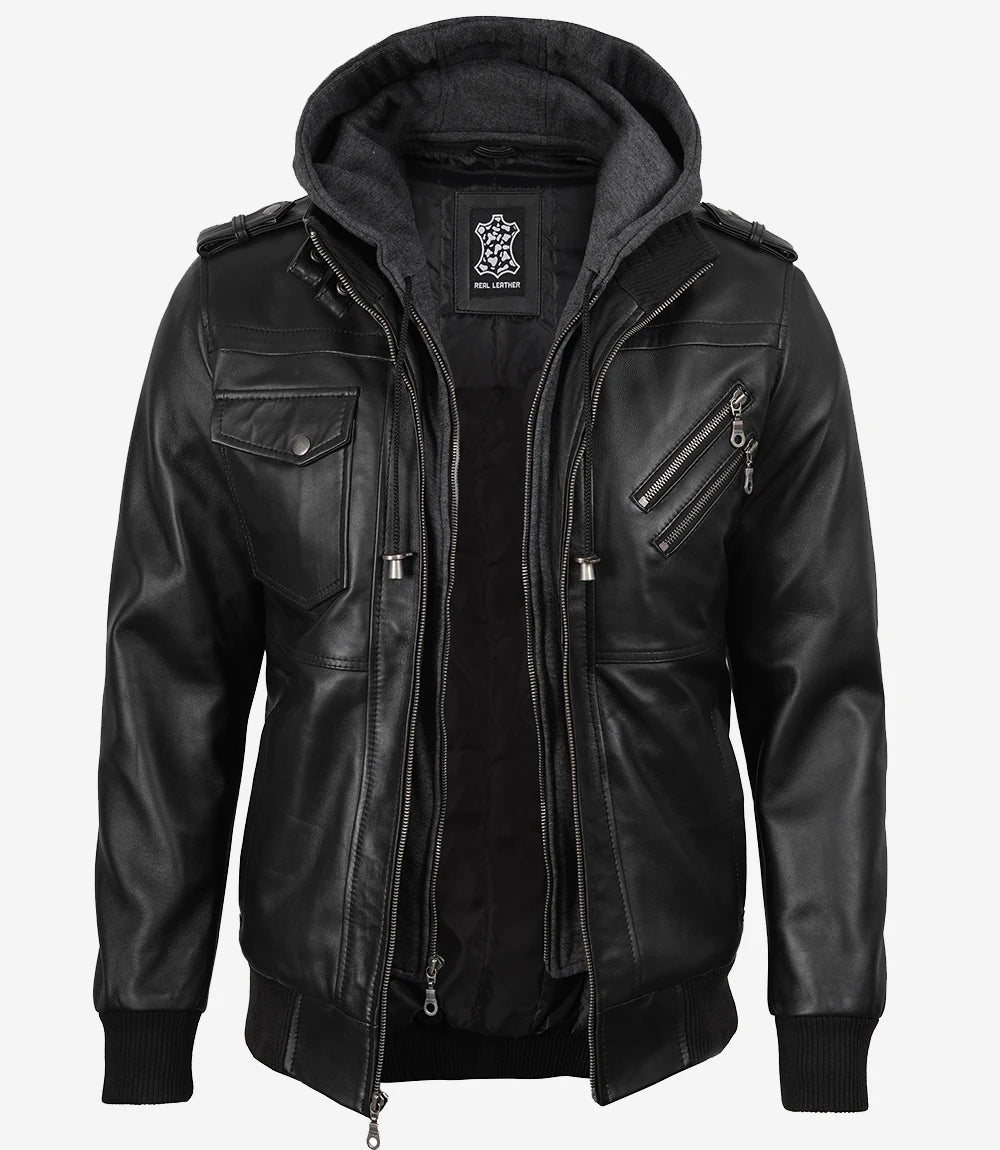 Veste en cuir noir pour homme avec capuche amovible grise