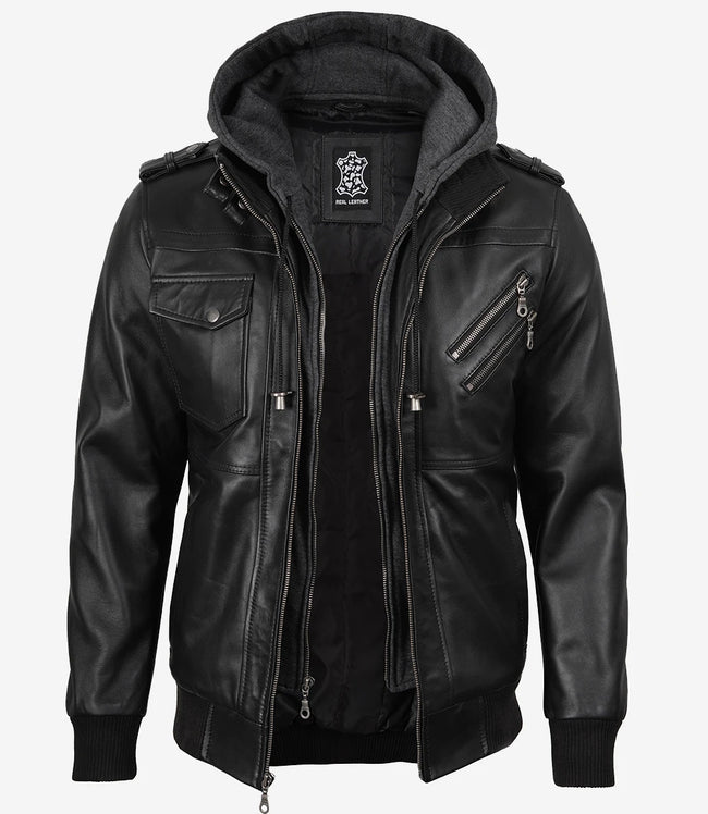 Veste en cuir noir pour homme avec capuche amovible grise