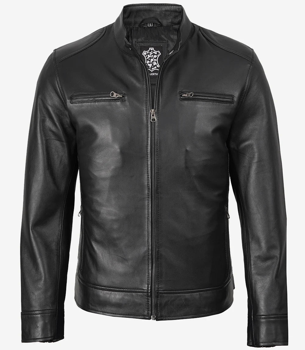 Veste style motard en cuir d'agneau noir pour homme