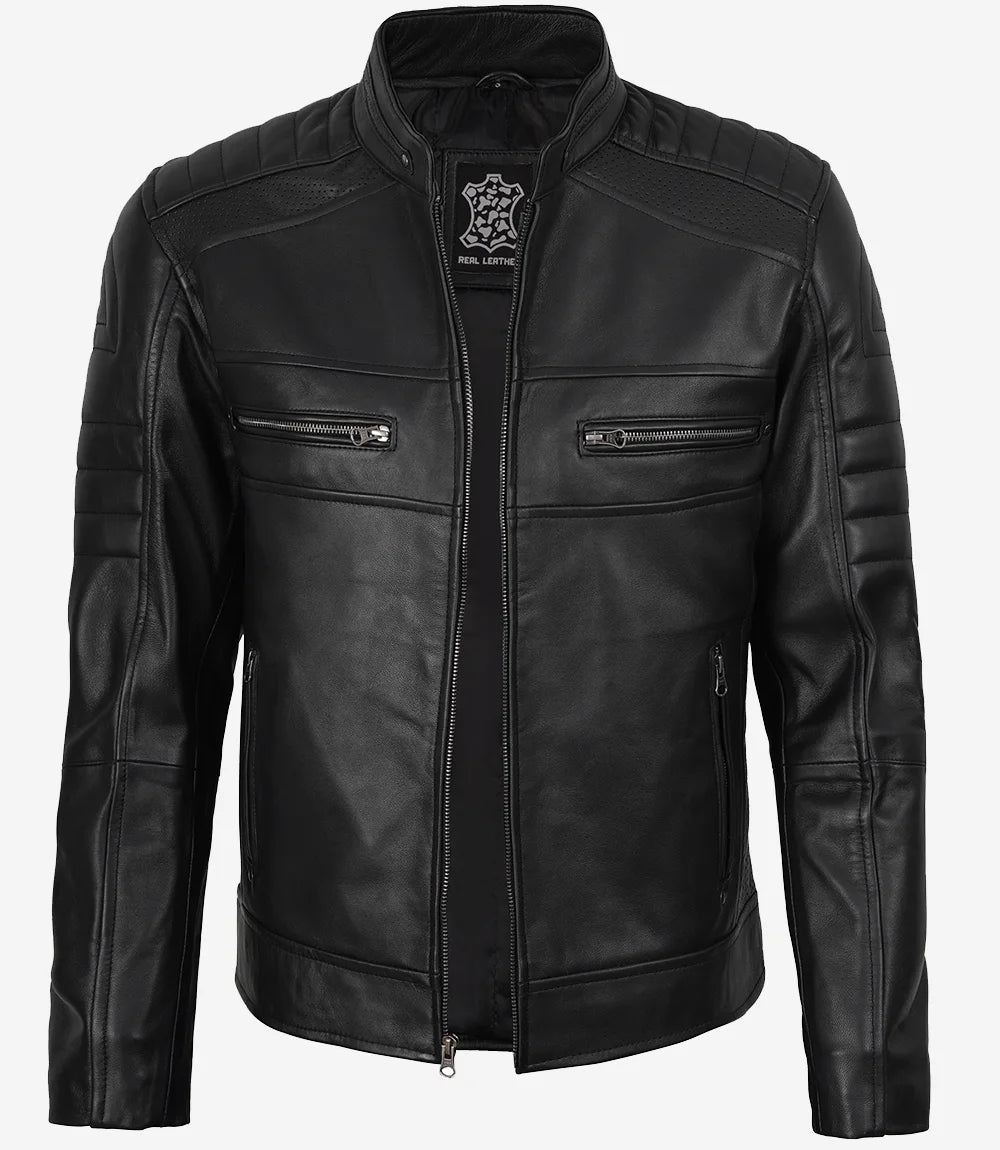 Veste de motard noire en cuir d'agneau véritable pour homme 