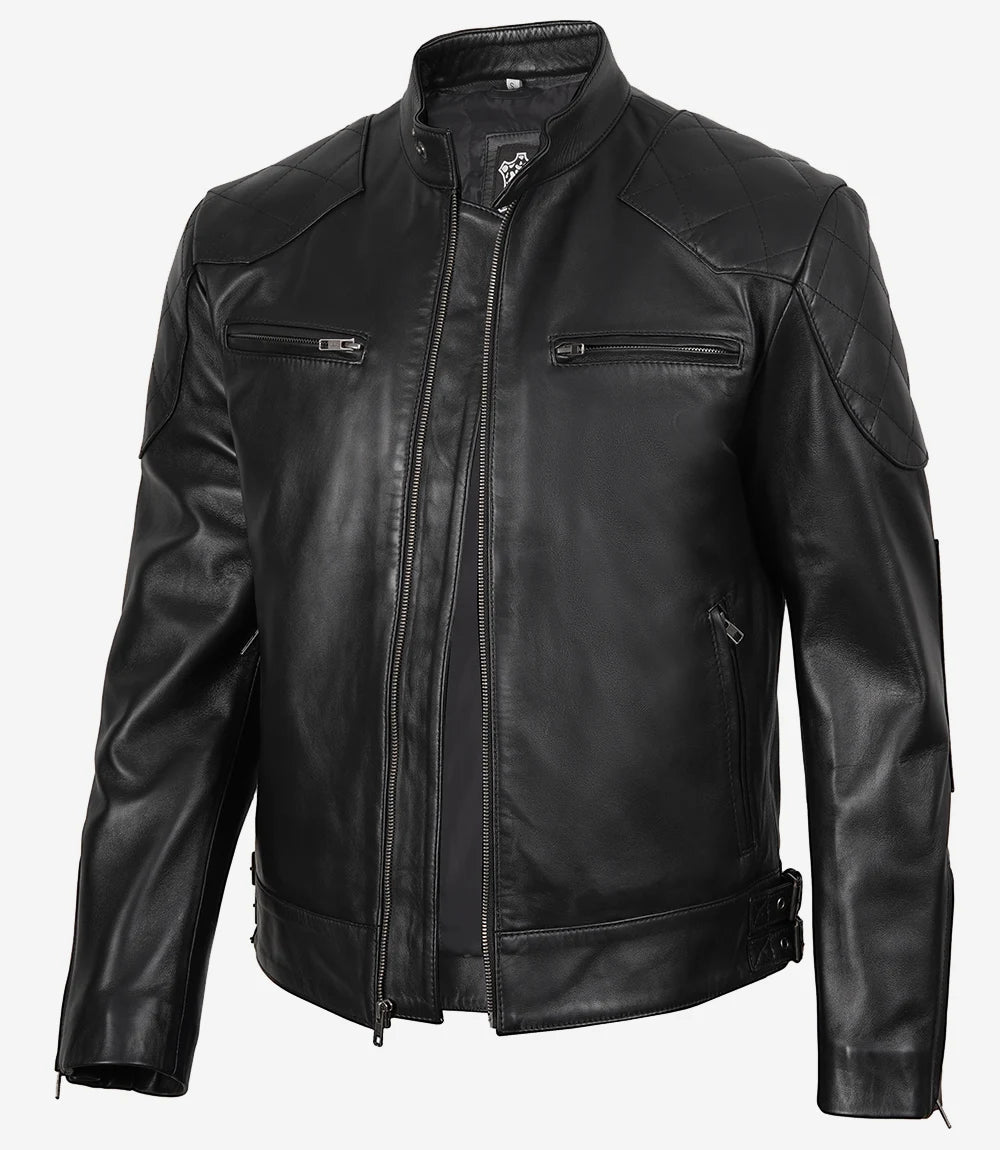 Veste de motard noire en cuir véritable pour homme