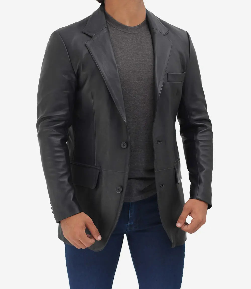 2 Buttons Leather Black Blazer for Men