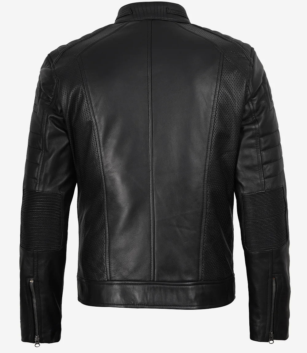 Veste de motard noire en cuir d'agneau véritable pour homme 