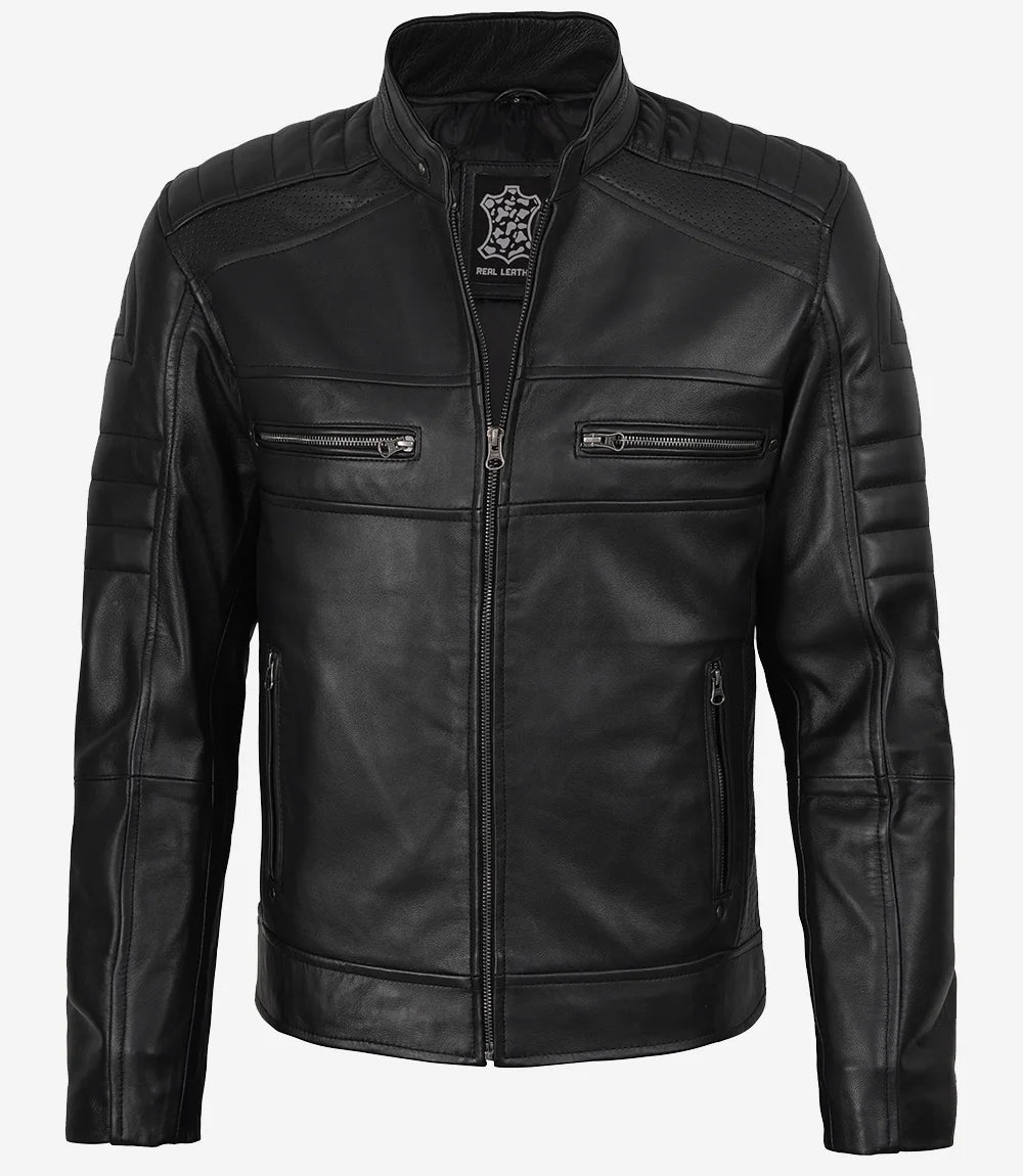Veste de motard noire en cuir d'agneau véritable pour homme 
