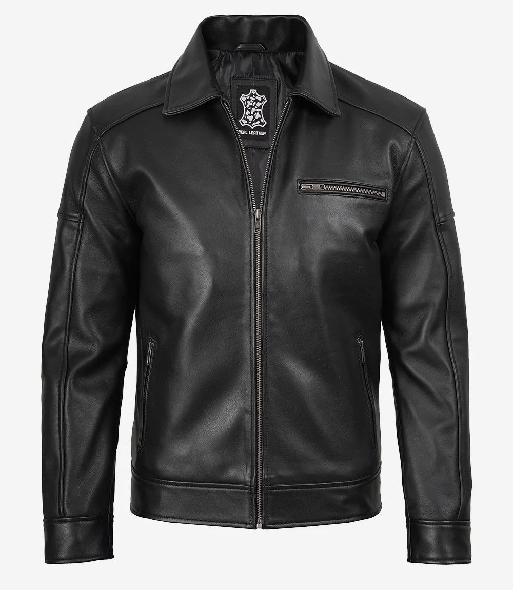 Men's Neville Black Lambskin Leather Harrington Jacket