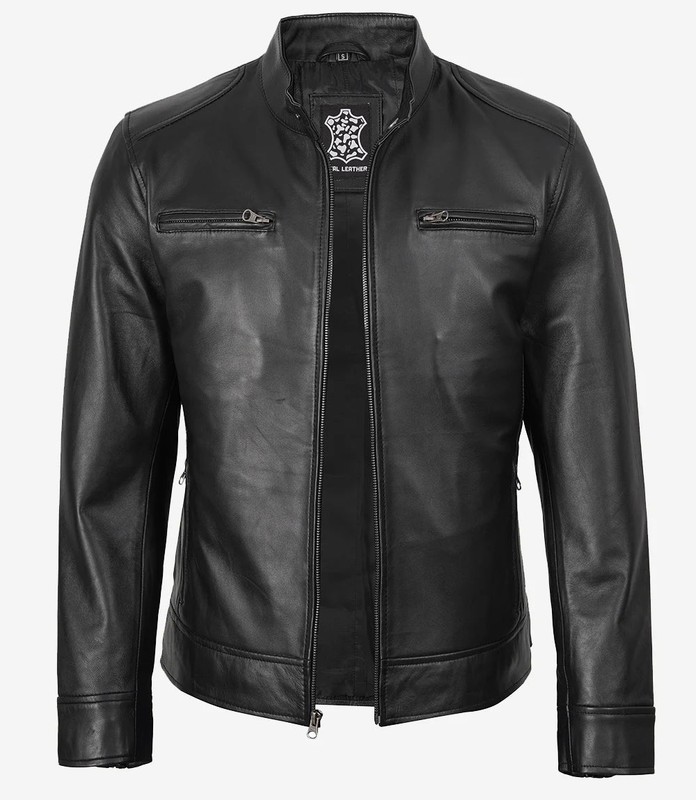 Veste style motard en cuir d'agneau noir pour homme