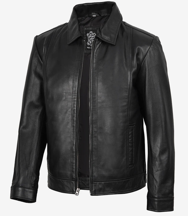 Veste en cuir Harrington noire à col chemise pour homme Reeves