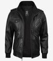 Veste en cuir noir pour homme avec capuche amovible grise