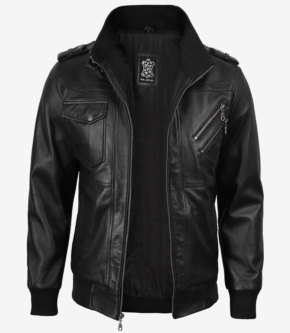 Veste en cuir noir pour homme avec capuche amovible grise